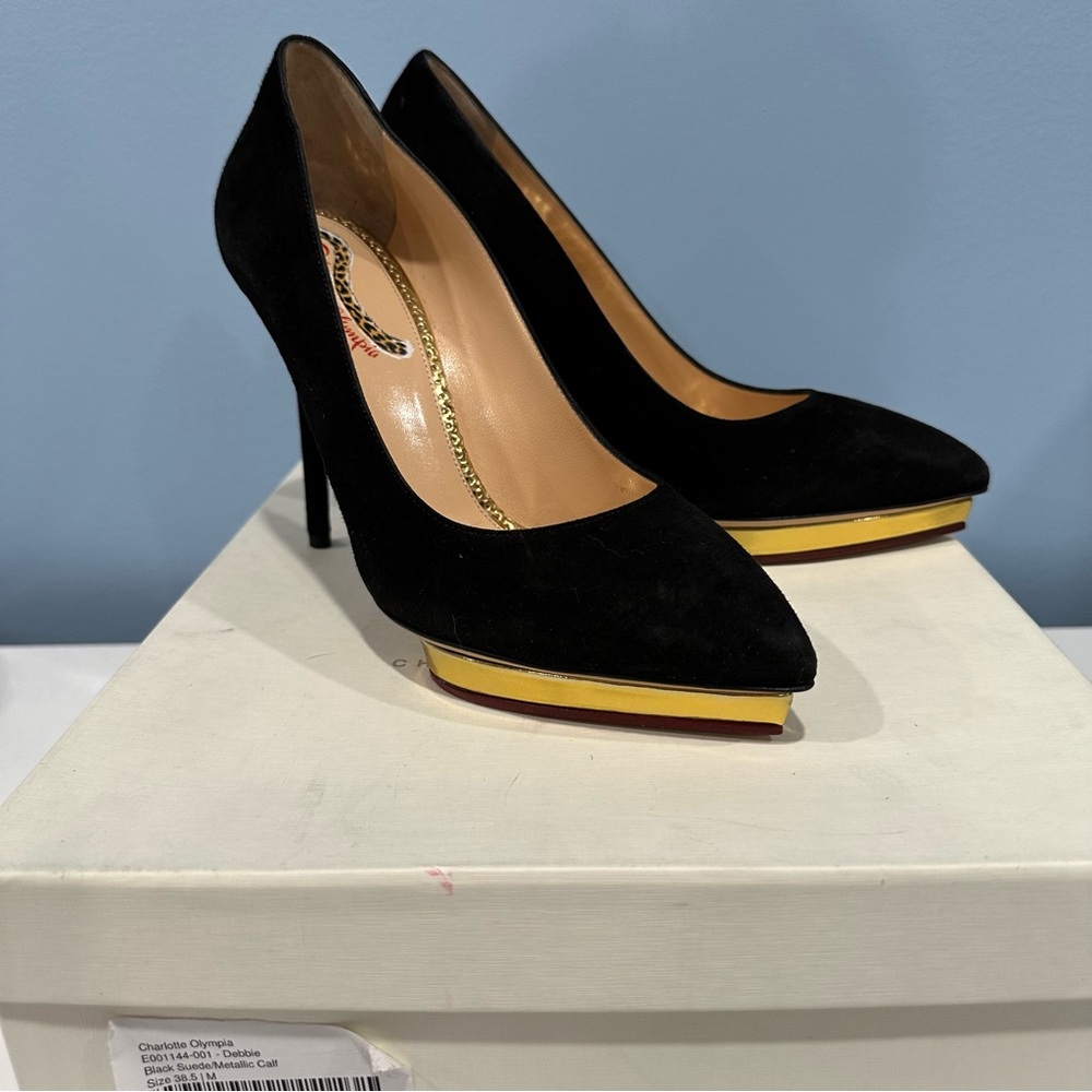 Charlotte Olympia Debbie Black Suede and Gold Heels New In Box